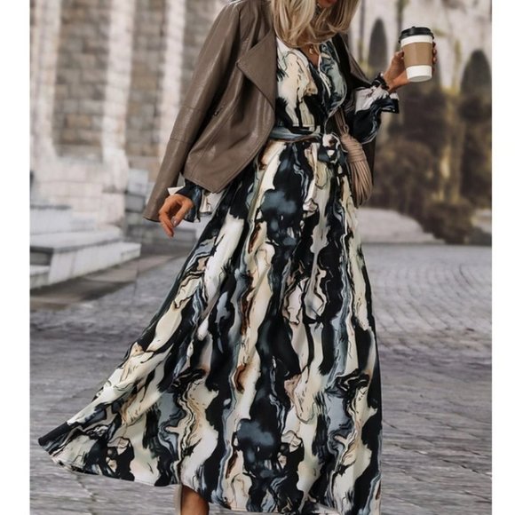 Belted Flounce Sleeve A-Line Marble Print maxi Dress - Picture 2 of 7